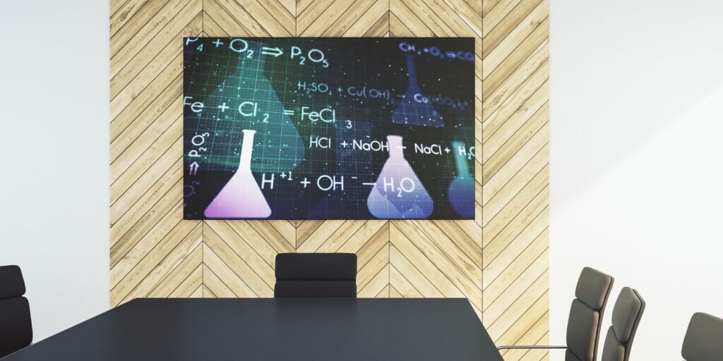 Creative,Chemistry,Hologram,On,Presentation,Monitor,In,A,Modern,Boardroom,